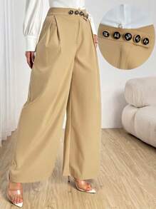 Modelyn Khaki,Autumn,Elegant Unique,Elegent,Office Women's High Waist Wide Leg Pants With Metal Buckle Accent,Pleated Fashionable Casual Soft Trousers - Khaki - View 11