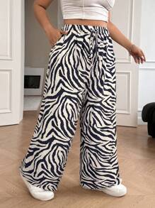 Solflare 藏蓝色斑马纹休闲直筒加大码裤 - 藍色 - 查看 4