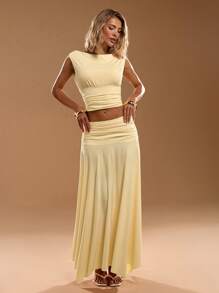 SHEIN BAE 女式夏季奶油黄色船领收腰上衣搭配收腰不对称下摆半身裙优雅套装，女士生日服装，度假两件套，女士度假服装 - 黃色 - 查看 4