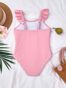 SHEIN Young Girl Ditsy Floral Ruffled Crew Neck One-Piece Swimsuit - Hot Pink - View 2