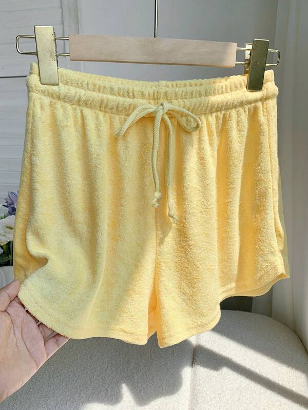 Comfortcana Butter Yellow Terry Cloth Drawstring Waist Casual Summer Shorts