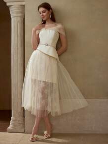 MOTF Soiréza Durchsichtiges Mesh-Asymmetrisches Schulter-Peplum Taille Spitze Glockenrock Cocktailkleid