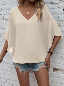 EMERY ROSE Casual Minimalist Solid Color Batwing Sleeve Shirt For Holiday - Apricot - View 3