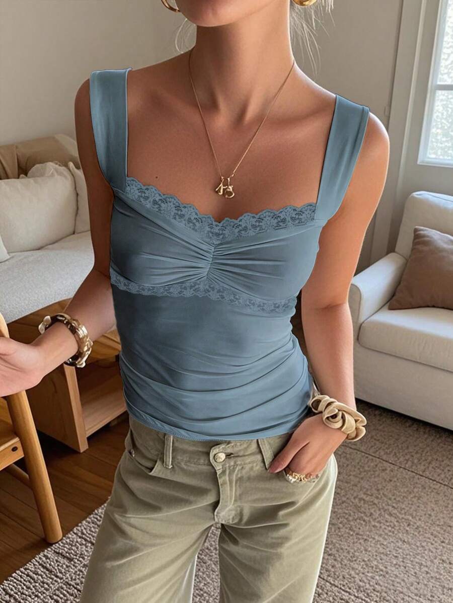 SHEIN EZwear 纯色蕾丝拼接褶皱优雅背心，适合夏季 - 霧霾藍 - 查看 1