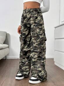 SHEIN SLAYR KIDS Tween Girls'' Loose Casual Simple & Comfortable Cargo Pocket Wide Leg Long Pants