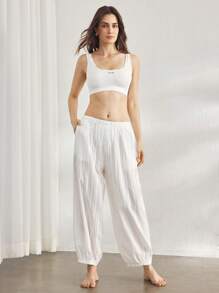 Ocili 女士休闲 100% 纯棉条纹宽松休闲睡裤家居服，秋季 - 白色 - 查看 7