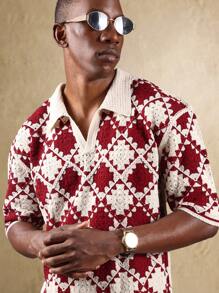 SUMWON 复古钩针 Polo 衫短袖针织上衣钻石图案复古学院风街头服饰 - 酒紅色 - 查看 3