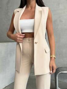 EURMUSE 女士纯色两件套服装 Coords 无袖背心西装外套金色纽扣细节和直筒常规版型裤子办公室商务时尚女士上班装 - 米色 - 查看 4