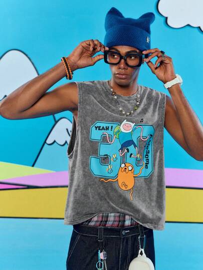 Adventure Time X ROMWE Men's Casual Graphic & Numeric Print Washed Tank Tops