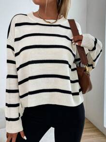 SHEIN Tall Women Striped Crew Neck Drop Shoulder Long Sleeve Loose Casual Sweater - Black and White - View 4