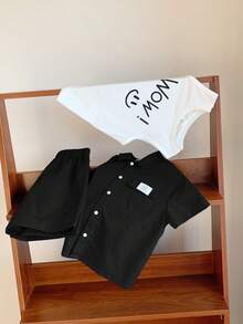 SHEIN Little Byeori 3 件套年轻男童韩版宽松字母印花 Polo 领开衫、T 恤和针织印花背心，适合春夏季日常、运动、郊游、学校、派对、节日、拍照 - 黑色 - 查看 8