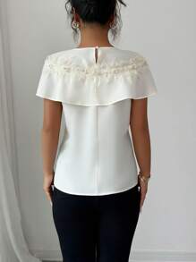Elenzga Women's Elegant Summer 3D Floral Ruffle Trim Round Neck Blouse - Apricot - View 2