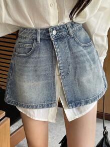 DAZY Women's Denim Wrap Skirt With Side Slit Jeans Skirt - Medium Wash - View 1