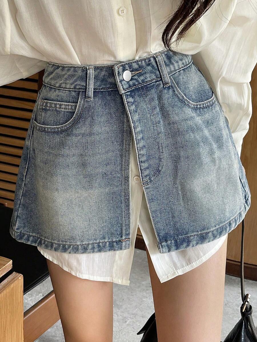 DAZY Women's Denim Wrap Skirt With Side Slit Jeans Skirt - Medium Wash - View 1