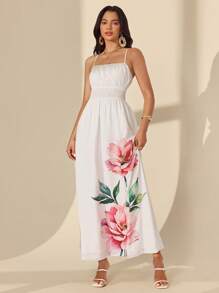 Almamuse Women's Elegant Sleeveless Placement Floral Print Dress - White - View 5