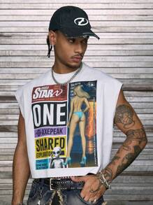 AXEPEAK Crew Neck Figure & Slogan Print Men's Tank Top - White - View 1