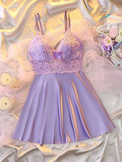 DelicateAllure 性感露背蕾丝拼接色块缎面衬裙