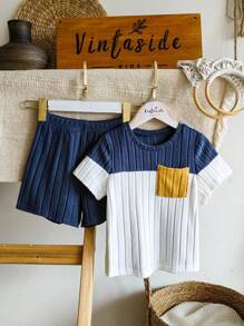 SHEIN Vintaside Kids Toddler Boys' Casual Street Style 2pcs Set, Round Neck T-Shirt + Shorts, Contrast Color Splice Design, Knit Fabric, Daily Outfits