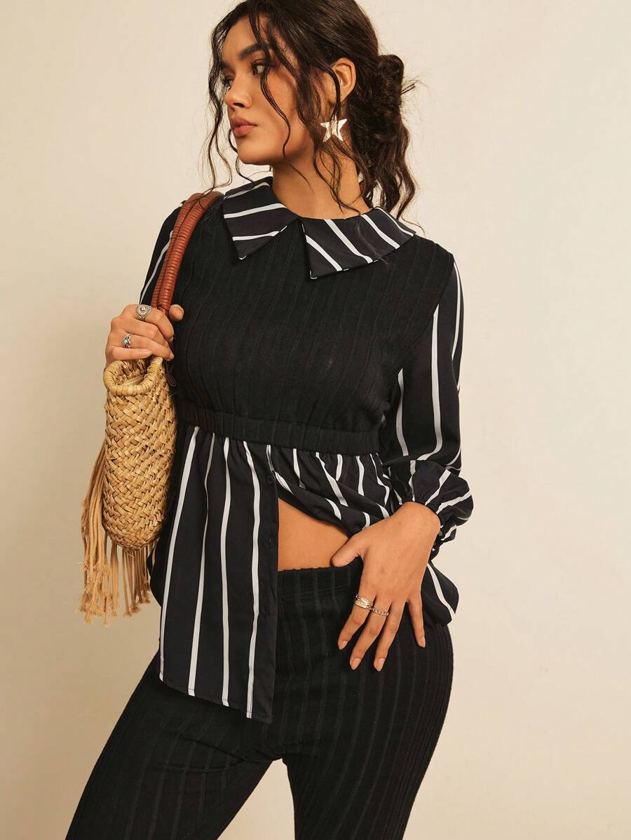 Freevana Plus Size 2pcs/Set Stylish Striped Button-Up Long Sleeve Top And Skinny Pants Suit,Holiday Outfits
