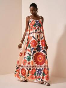 Zivah 2025年夏季新款音乐节、复活节、圣帕特里克节、西部、游牧风格连衣裙，适合生日派对、毕业典礼、学生装、日常休闲、度假、邮轮旅行、海滩、日光浴、流行网络博主风格、可调节肩带、宽松版型、热带花卉印花女装 - 彩色 - 查看 3