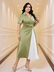 Modelyn 大码女式纯色荷叶边领短袖优雅中长连衣裙 - 彩色 - 查看 6
