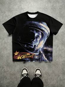 Manfinity ZONE917 复古宽松街头风格太空救援宇航员印花圆领T恤 - 黑色 - 查看 6