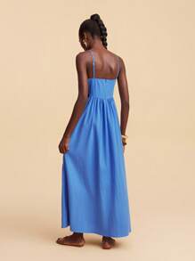 Travachic Resort Casual Embroidered Blue Solid Color Spaghetti Strap Dress ,  Sweetheart Neckline Bustier Dress ,Blue Vacation Dress,Suitable For Holiday , Afternoon Tea, Wedding Season, Beach Cruise Vacation, City Road Trip Vacation, Boho Vacation, Music Festival , Beachwear, Easter, Beach Outfits For Woman, Elegant Dress For Women, Vacation Outfits Women, Concert Outfit Women, Tropical Vacation Woman Clothes, Holiday Outfits, Bohemian Clothes,For Spring Sunmmer And Autumn