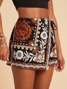 Travachic Women's Black Floral Print Woven Design Straight Leg Boho Style Wrap Shorts, Suitable For Holiday, Afternoon Tea, Wedding Season, Beach Cruise Vacation, City Road Trip Vacation, Boho Vacation, Music Festival, Beachwear, Easter, Beach For Woman, Elegant Shorts, Vacation, Concert, Tropical Vacation, Holiday, Bohemian,For Spring Summer And Autumn