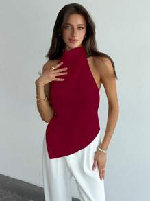 Aloruh Áo hở lưng không đối xứng màu trơn không tay cho nữ - Đỏ - Xem 5