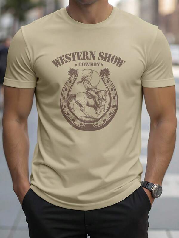 RivetRise Tricou bărbătesc casual cu mânecă scurtă, imprimat cu stil western cowboy, pentru vară