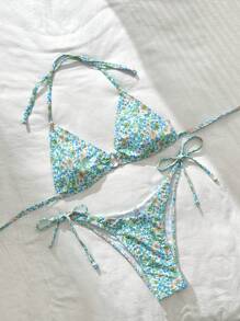 SHEIN Swim Set Bikini Motif Bunga Acak untuk Pantai & Liburan Musim Panas - MultiWarna - View 4