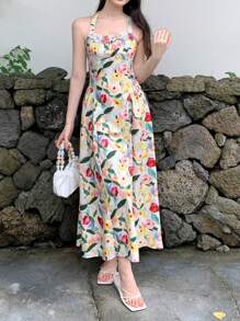 SHEIN LUNE 女式夏季度假风格全花卉印花荷叶边装饰长款吊带连衣裙 - 彩色 - 查看 3