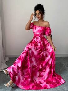 Elenzga 露肩花卉印花超长连衣裙