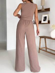 SHEIN Dames effen kleur 2-delige outfits Co-Ords strik voor of achter top mouwloze blouse en wijde broek casual lente zomer