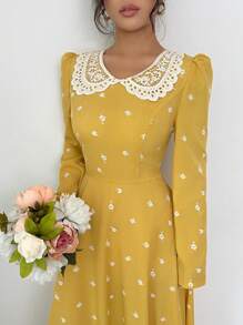 Modelyn 女士编织黑色花卉印花拼布领长袖 A 字形系腰优雅田园风连衣裙