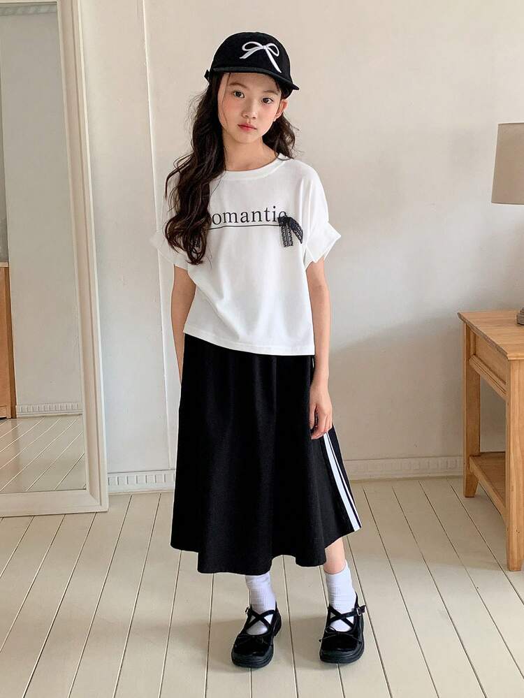 Kids Fall Clothes Girls Casual T-Shirt & Bow Decor Top & Knee Length Skirt Set, Street Chic Style
