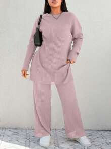 SHEIN Cottnline 2pcs/Set Plus Size Solid Color Ribbed Crew Neck Long Sleeve Top And Pants - Baby Pink - View 1