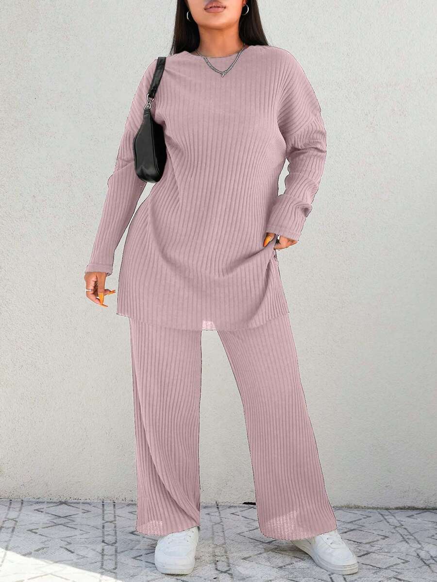 SHEIN Cottnline 2pcs/Set Plus Size Solid Color Ribbed Crew Neck Long Sleeve Top And Pants - Baby Pink - View 1