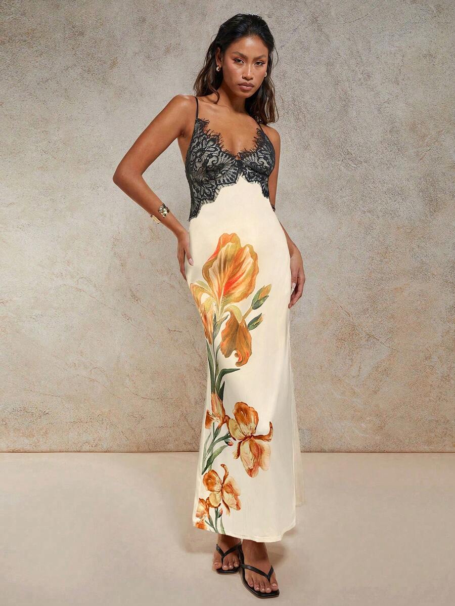 COSMINA Elegante vestito da donna lungo in pizzo con stampa digitale