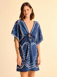 CAJUNI Women's Resort Casual Boho Navy Blue & Floral Print V-Neck Batwing Sleeve Adjustable Waist Tie Vacation Style Short Dress