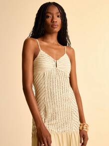CAJUNI Women's Vacation Khaki Knitted Textured Fabric Front Metal Accent Strappy Splicing Semi-Sheer Chiffon Long Dress, Suitable For Summer Vacation And Dates - Khaki - View 2