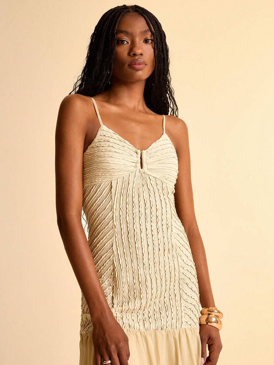 CAJUNI Women's Vacation Khaki Knitted Textured Fabric Front Metal Accent Strappy Splicing Semi-Sheer Chiffon Long Dress, Suitable For Summer Vacation And Dates