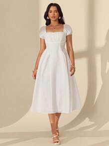 Chiquease Women Rectangular Neck Short Puff Sleeve Raglan Sleeve Belted Waist Flared Long Dress - White - View 3