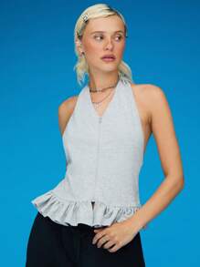 COUREZ Zip Front Halter Neck Top With Frill Hem / Y2K Cute Summer Tops Vintage - Light Grey - View 2