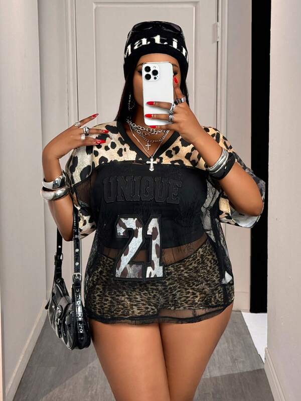 Slaydiva 2025 Noutate Primăvară/Vară Mărimi Plus Size Femei Streetwear/Petrecere/Festival de Muzică/Vintage Western Vacanță/Excursie cu Mașina/Casual Sărbătoare/Y2K Lejer Lejer Patchwork Dantelă Cu Decolteu În V Umeri Căzuți Mânecă Scurtă Numeric Literă Grafică În formă de H Top - B