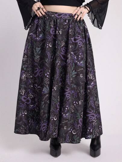 EDITION Falda de talla grande con estampado vintage oscuro floral, mariposa, estrella y serpiente
