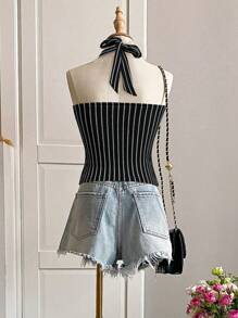 Cévolie Women's Summer Sleeveless Halter Striped Tank Top - Black and White - View 2