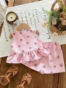 SHEIN LMoss Kids Babygirl 可爱夏日度假花卉印花吊带上衣和松紧腰短裤套装