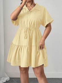 Elenzga 大码宽松休闲衬衫式连衣裙，细节丰富 - 黃色 - 查看 6