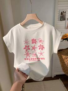 SHEIN EZwear T-shirt ample à col rond manches courtes court décontracté minimaliste pour femmes